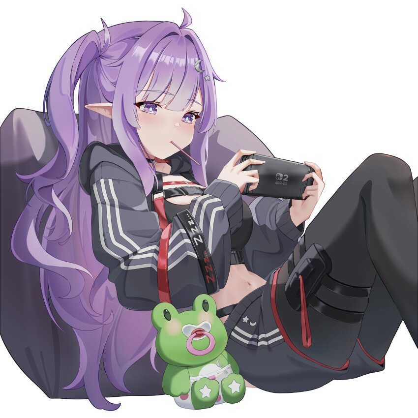 1girl ahoge black_jacket black_pantyhose black_shorts breasts crescent crescent_hair_ornament ddann eepy_sleepy eepy_sleepy_(sleepy_2.0) elf hair_ornament handheld_game_console highres holding holding_handheld_game_console hood hood_down hooded_jacket jacket long_hair midriff navel nintendo_switch_2 pantyhose phase_connect pointy_ears purple_eyes purple_hair second-party_source shorts star_(symbol) star_hair_ornament track_jacket virtual_youtuber white_background