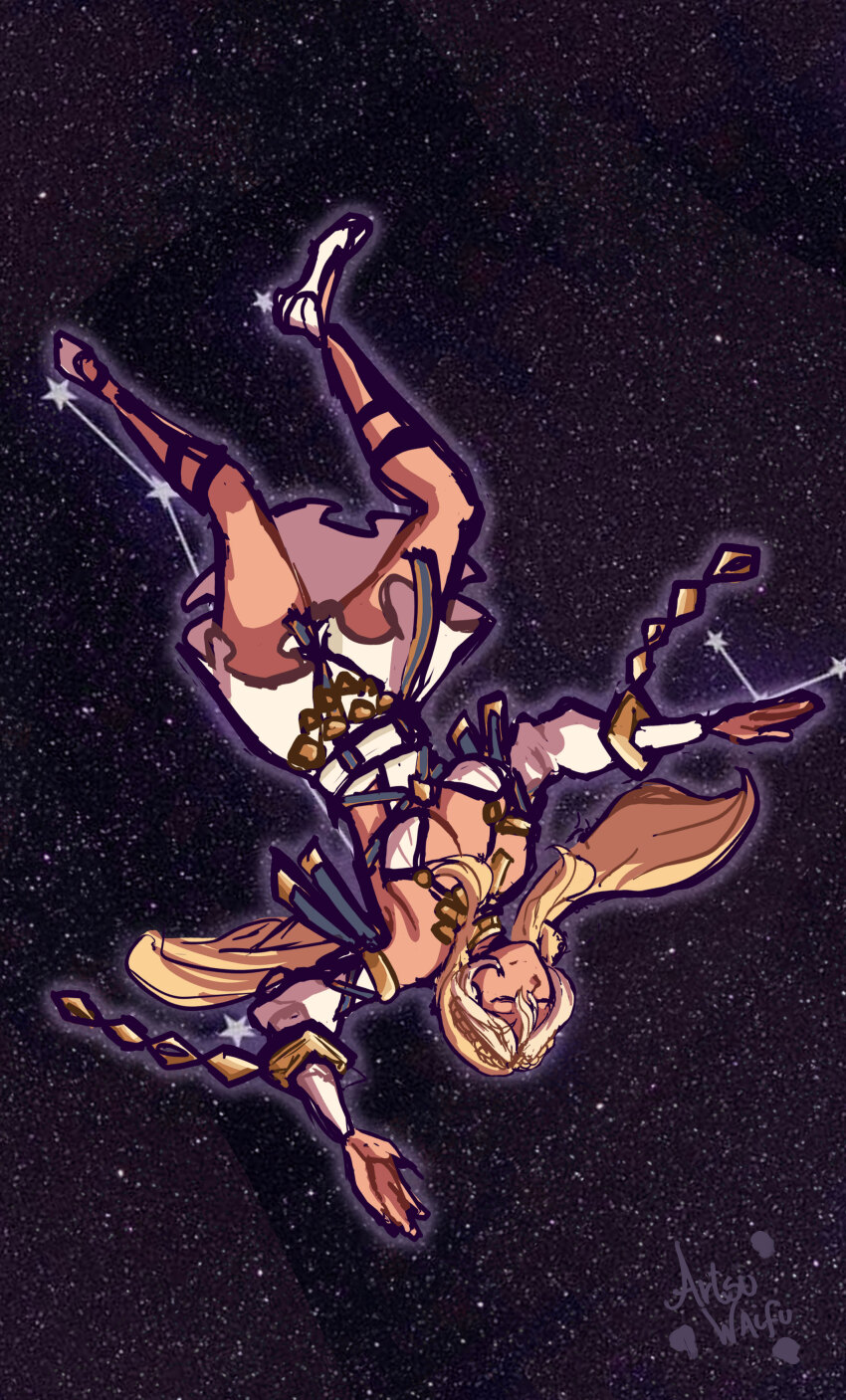 1girl absurdres andromeda_(constellation) andromeda_(fate) andromeda_(first_ascension)_(fate) artsuwaifu blonde_hair braid breasts choker closed_eyes closed_mouth constellation covered_erect_nipples dark-skinned_female dark_skin detached_sleeves fate/grand_order fate_(series) full_body gold_choker hair_between_eyes hair_ornament hands_up high_heels highres jewelry large_breasts long_hair skirt solo space white_footwear white_hair white_skirt