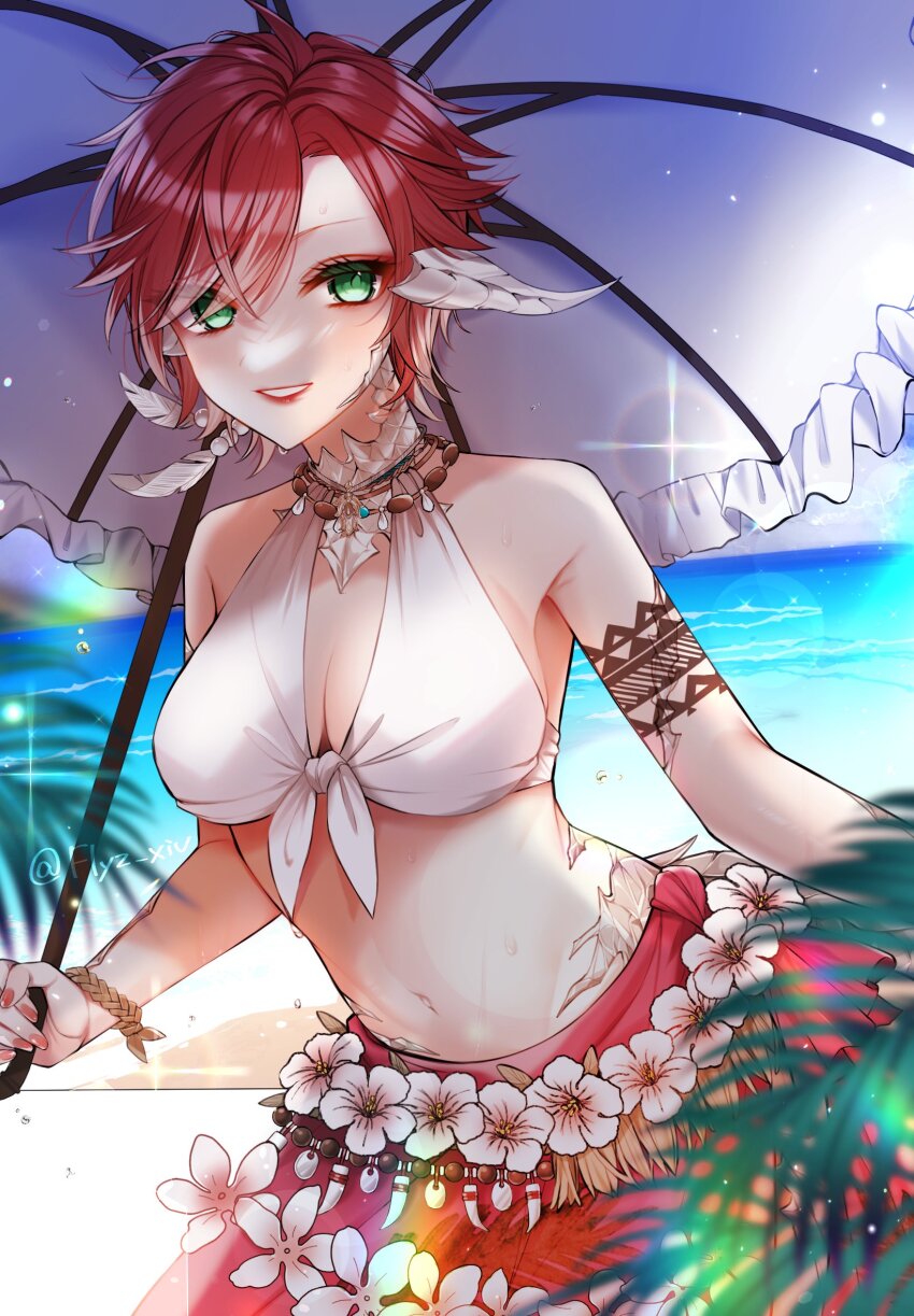 1girl au_ra bare_shoulders beach bikini bracelet dragon_girl dragon_horns dragon_tail final_fantasy final_fantasy_xiv fliz_ts front-tie_bikini_top front-tie_top green_eyes highres holding holding_umbrella horns jewelry looking_at_viewer navel necklace parasol red_hair red_nails red_sarong sarong scales short_hair solo stomach swimsuit tail twitter_username umbrella warrior_of_light_(ff14) white_bikini