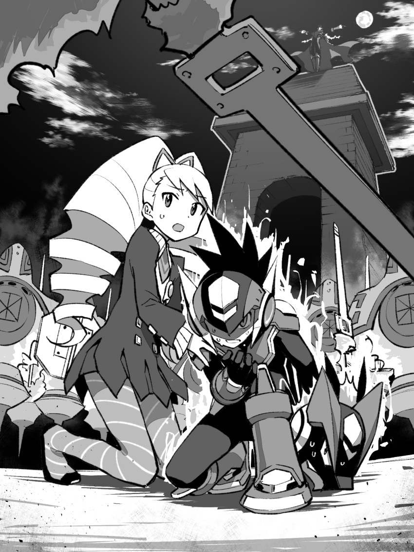 1girl aura bad_id bad_twitter_id bodysuit bow dark_phantom_(mega_man) dress drill_hair geo_stelar_(mega_man) greyscale hair_bow helmet highres kneeling long_hair luna_platz_(mega_man) mega_man_(series) mega_man_star_force_(series) mega_man_star_force_2 monochrome okkuu_(oexistcm) omega-xis_(mega_man) pantyhose star_force_mega_man striped_clothes striped_pantyhose sweatdrop twin_drills very_long_hair