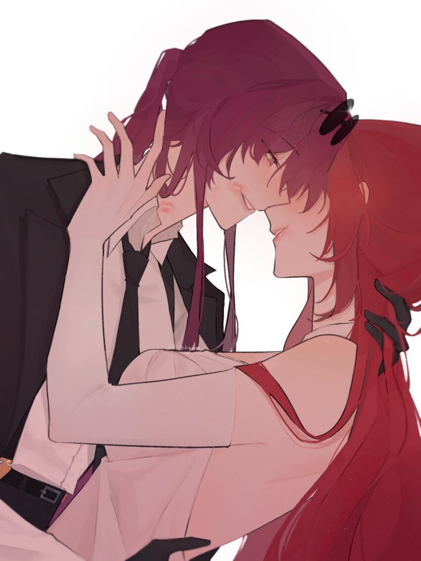 2girls black_jacket black_necktie collared_shirt commentary dress english_commentary eyewear_on_head hand_on_another&#039;s_back hand_on_another&#039;s_neck highres himeko_(honkai:_star_rail) honkai:_star_rail honkai_(series) jacket kafka_(honkai:_star_rail) kanohx lipstick_mark lipstick_mark_on_face lipstick_mark_on_neck long_hair multiple_girls necktie ponytail purple_eyes purple_hair red_hair round_eyewear shirt suit_jacket sunglasses white_dress white_shirt yuri