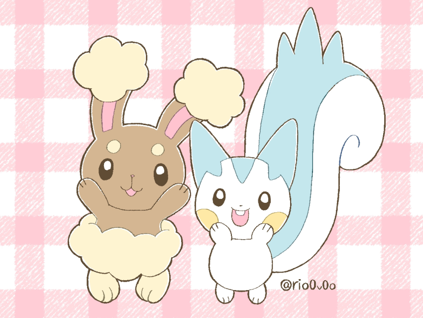 animal_focus arm_up black_eyes bright_pupils buck_teeth buneary commentary_request full_body gen_4_pokemon looking_at_viewer nintendo no_humans open_mouth pachirisu pokemon pokemon_(creature) rio_(rio0v0o) teeth twitter_username white_pupils