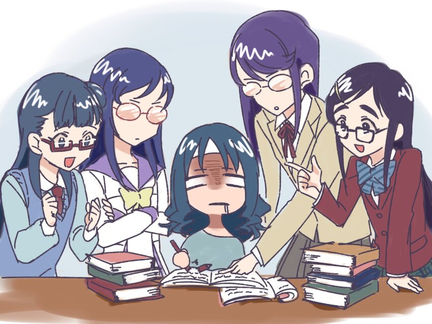 5girls blank_eyes blue_hair book book_stack broken_pencil color_connection crossed_arms dokidoki!_precure dress drooling futari_wa_precure glasses heartcatch_precure! highres hishikawa_rikka hugtto!_precure in-franchise_crossover konsuke0 kurumi_erika l&#039;avenir_academy_school_uniform long_sleeves multiple_girls myoudou_gakuen_high_school_uniform oogai_daiichi_middle_school_uniform opaque_glasses pencil pointing precure purple_dress red-framed_eyewear saliva school_uniform semi-rimless_eyewear studying trait_connection tsukikage_yuri verone_gakuin_school_uniform wavy_hair yakushiji_saaya yukishiro_honoka