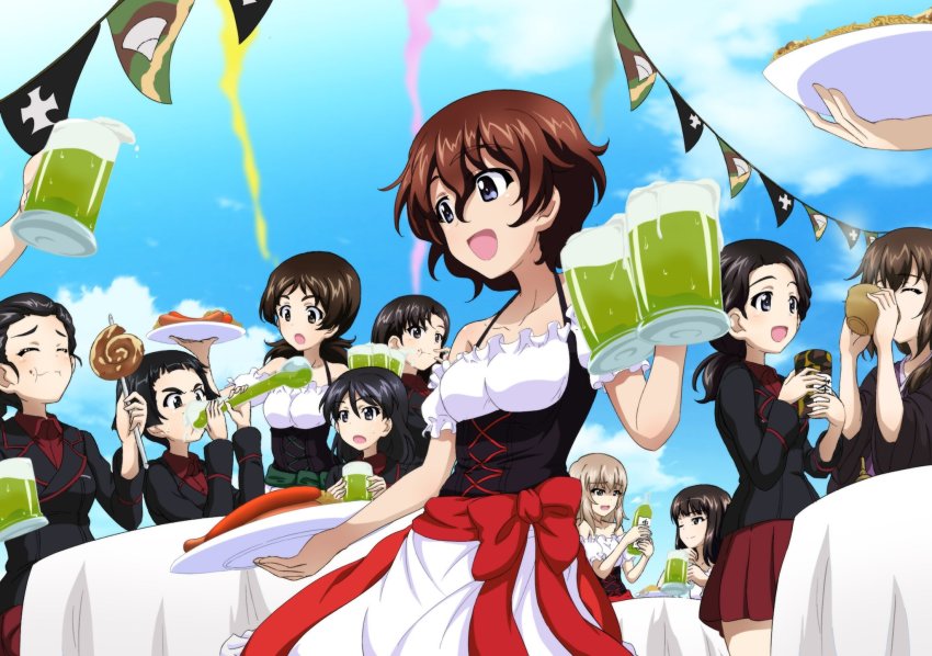 6+girls :d :o akaboshi_koume asymmetrical_bangs bare_shoulders beer_mug black_eyes black_hair black_jacket blue_eyes blue_sky blunt_bangs blunt_ends bob_cut bodice brown_hair chi-hatan_(emblem) closed_eyes commentary_request commission cup dirndl dress dress_shirt emblem food german_clothes girls_und_panzer hair_between_eyes hair_pulled_back hamada_kiyo highres holding holding_cup holding_food holding_plate idegami_kikuyo itsumi_erika itsumi_erika&#039;s_gunner jacket japanese_clothes key_(gaigaigai123) kubota_rin kuromorimine_(emblem) kuromorimine_military_uniform long_hair long_sleeves low_ponytail low_twintails mug multiple_girls nishi_kinuyo nishihara_yasoko nishizumi_shiho open_mouth pinafore_dress plate pleated_skirt ponytail red_shirt red_skirt sausage shirt short_hair silver_hair skirt sky sleeveless sleeveless_dress smile tamada_tamaki twintails waitress wavy_hair wing_collar