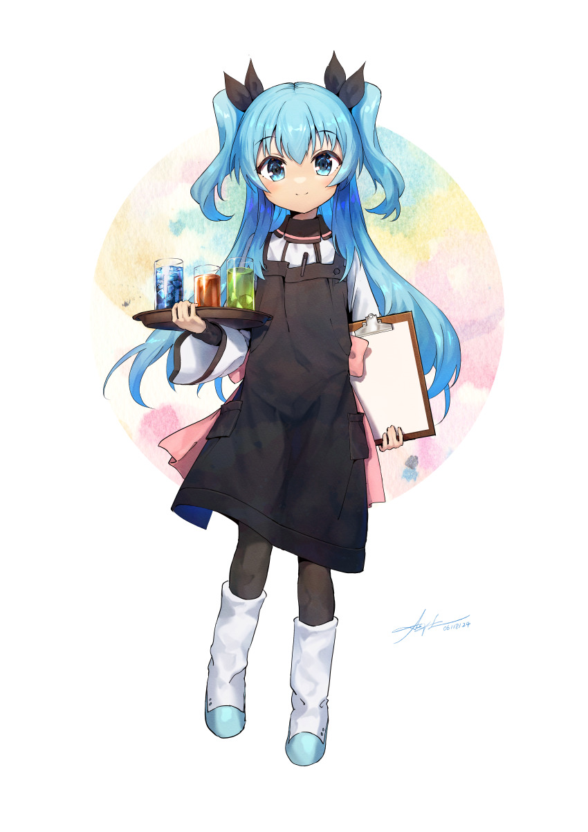 1girl absurdres ap04astral apron black_apron black_bow black_pantyhose blue_eyes blue_hair boots bow clipboard closed_mouth cup dated drinking_glass full_body hair_bow highres holding holding_clipboard holding_tray long_hair long_sleeves looking_at_viewer noel_(sora_no_method) orb pantyhose shirt signature simple_background smile solo sora_no_method tray two_side_up very_long_hair white_background white_boots white_shirt wide_sleeves