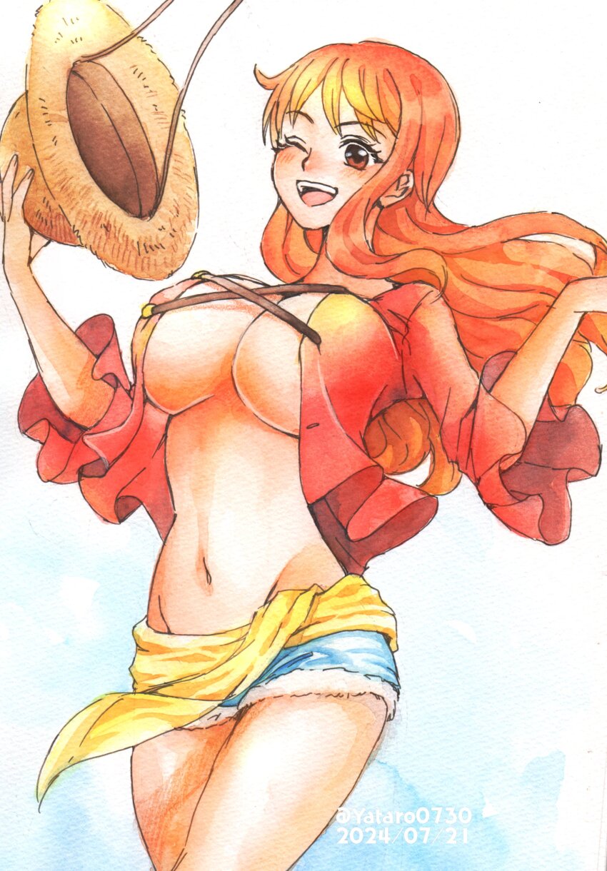 1girl absurdres blush breasts brown_eyes cleavage commentary_request cosplay cowboy_shot dated denim denim_shorts groin hat highres holding holding_unworn_clothes holding_unworn_hat large_breasts long_hair looking_at_viewer midriff monkey_d._luffy monkey_d._luffy_(cosplay) nami_(one_piece) navel one_eye_closed one_piece open_clothes open_mouth open_shirt orange_hair red_shirt sash shirt short_shorts shorts single_sidelock smile solo stomach straw_hat teeth traditional_media twitter_username unworn_hat unworn_headwear upper_teeth_only wavy_hair yatarou_(yataro0730) yellow_sash