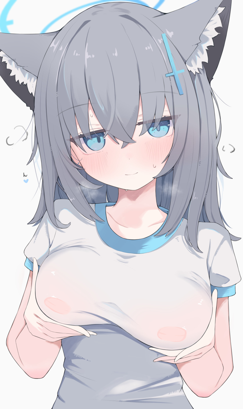 1girl absurdres animal_ear_fluff animal_ears blue_archive blue_eyes blue_halo blush breasts closed_mouth collarbone commentary grabbing_own_breast grey_hair hair_between_eyes halo hands_up highres large_breasts long_hair looking_at_viewer nui_(nuinui0300) see-through_clothes see-through_shirt shiroko_(blue_archive) shirt simple_background solo upper_body variant_set white_background white_shirt wolf_ears