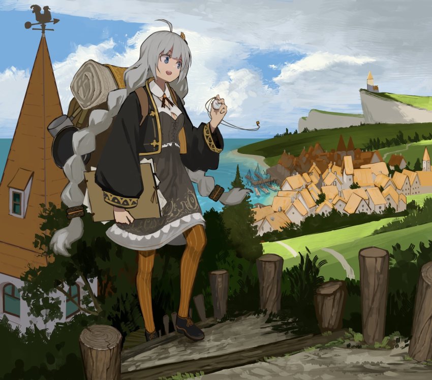 1girl ahoge backpack bag black_jacket blue_eyes braid breasts building cleavage_cutout cliff clothing_cutout cloud cloudy_sky commentary day dress folder frying_pan grey_dress grey_hair highres holding holding_folder holding_pocket_watch jacket kizuna_akari long_hair medium_breasts ocean open_mouth orange_leggings outdoors pantyhose paper pier pocket_watch saucepan scroll sky solo stairs standing steeple striped_leggings teeth toriatamastudio tree twin_braids upper_teeth_only vertical-striped_leggings very_long_hair village vocaloid voiceroid watch weather_vane window