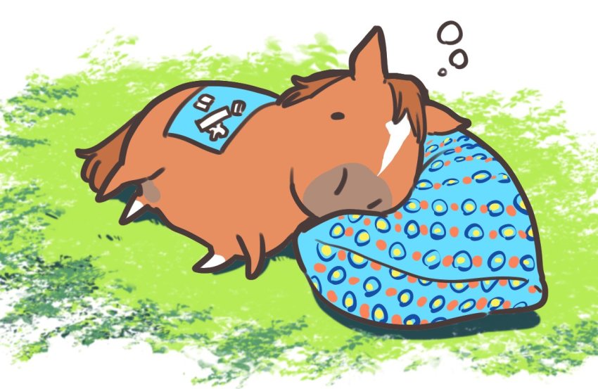 admire_japan_(racehorse) animal_focus commentary grass horse lying no_humans on_side outdoors pillow real_life sleeping squeans tagme takatsuki_nato yogibo