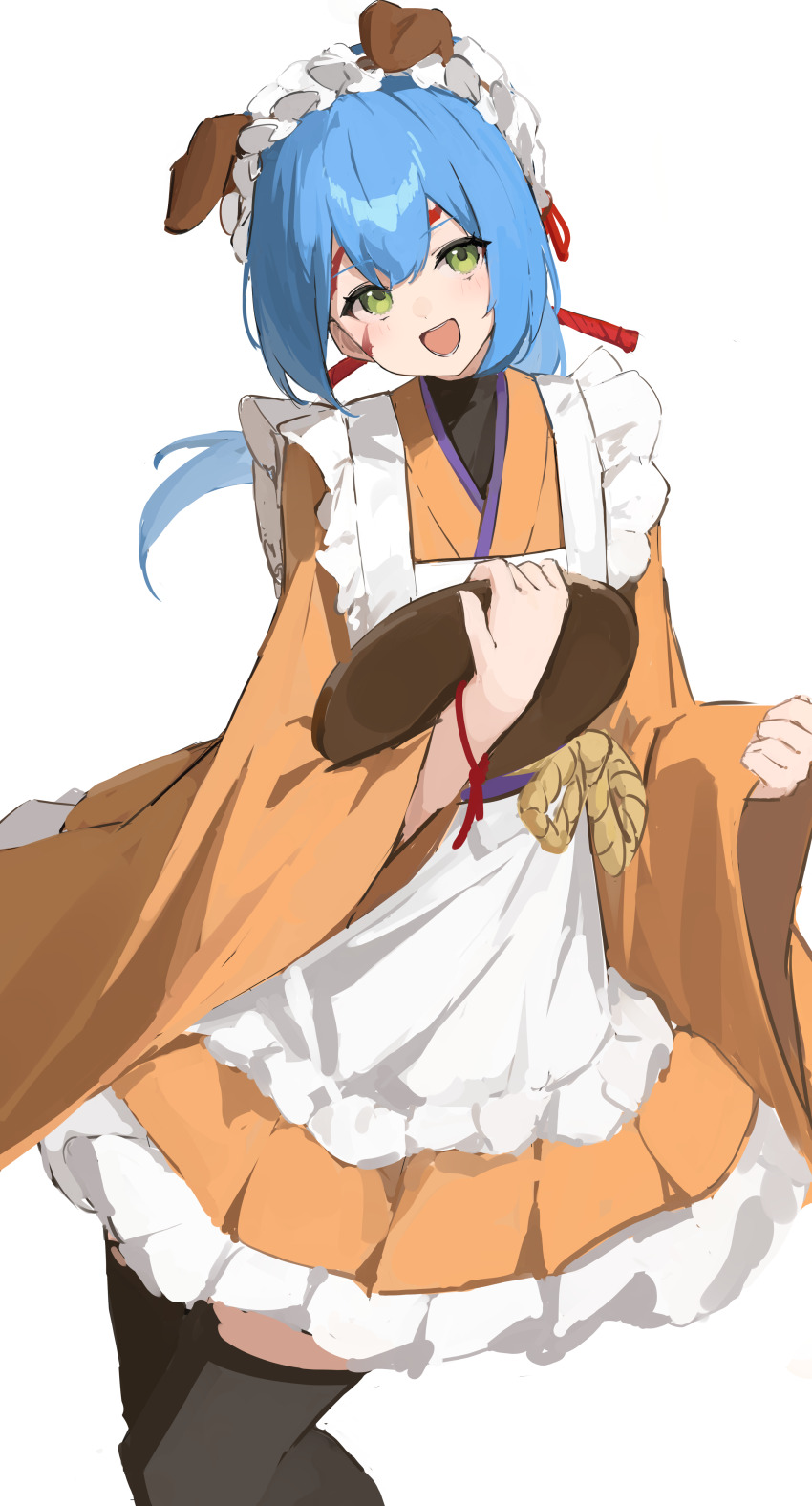 1girl :d absurdres akitsu_akane alternate_costume alternate_species animal_ears apron black_thighhighs blue_hair commentary_request cowboy_shot dog_ears dog_girl double-parted_bangs dress enmaided eyelashes flat_chest frilled_dress frills green_eyes hands_up highres holding holding_tray long_hair long_sleeves looking_at_viewer luck_0_boy maid maid_apron maid_headdress open_mouth orange_dress red_ribbon ribbon shangri-la_frontier short_dress simple_background smile solo thighhighs tray white_apron white_background wide_sleeves wooden_tray wrist_ribbon