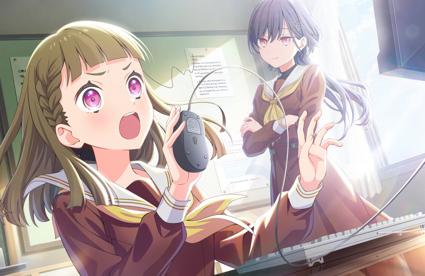 2girls :o braid brown_dress brown_hair bulletin_board center-flap_bangs classroom closed_mouth computer_keyboard crossed_arms dress dutch_angle game_cg grey_hair hasu_no_sora_school_uniform highres holding holding_computer_mouse indoors kachimachi_kosuzu katsuragi_izumi link!_like!_love_live! long_hair long_sleeves love_live! multiple_girls neckerchief non-web_source official_art open_mouth pink_eyes playing_games pleated_dress sailor_collar sailor_dress school_uniform side_braids sitting smile standing surprised teeth upper_body upper_teeth_only v-shaped_eyebrows virtual_youtuber white_sailor_collar winter_uniform wolf_cut yellow_neckerchief