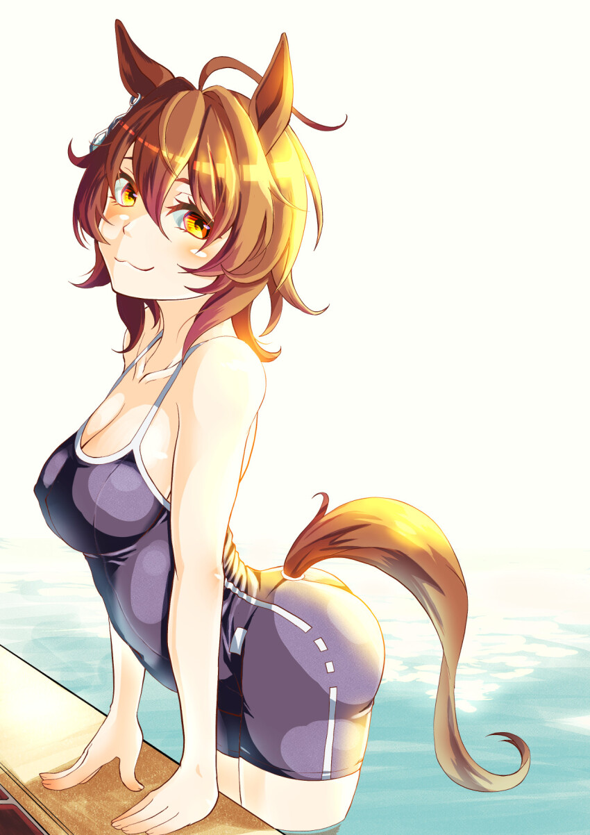 1girl agnes_tachyon_(umamusume) ahoge animal_ears ass breasts brown_hair chemical_structure cleavage closed_mouth collarbone earrings hair_between_eyes highres horse_ears horse_girl horse_tail huge_ahoge jewelry large_breasts medium_hair natuumi_(jmwy5354) one-piece_swimsuit pool purple_one-piece_swimsuit school_swimsuit single_earring smile solo swimsuit tail tile_floor tiles umamusume wading water yellow_eyes