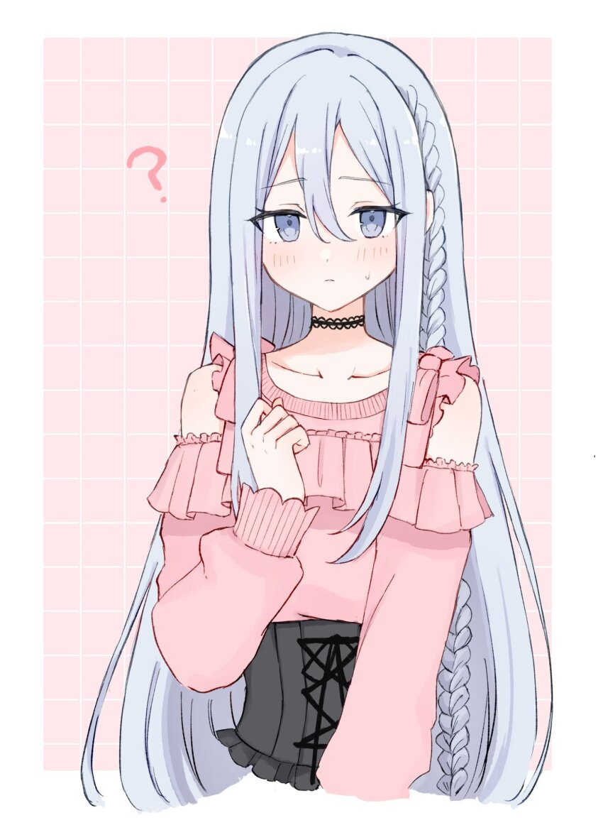 1girl ? azuki_(az_my) black_skirt blue_eyes blush border braid choker closed_mouth clothing_cutout collarbone commentary_request cosplay cropped_torso cross-laced_clothes cross-laced_skirt frilled_choker frilled_shirt frilled_sleeves frills grid_background hair_between_eyes hand_up high-waist_skirt highres jirai_kei long_hair long_sleeves looking_at_viewer pink_background pink_shirt project_sekai shinonome_ena shinonome_ena_(cosplay) shirt shirt_tucked_in shoulder_cutout side_braid sidelocks skirt solo sweatdrop very_long_hair white_hair yoisaki_kanade