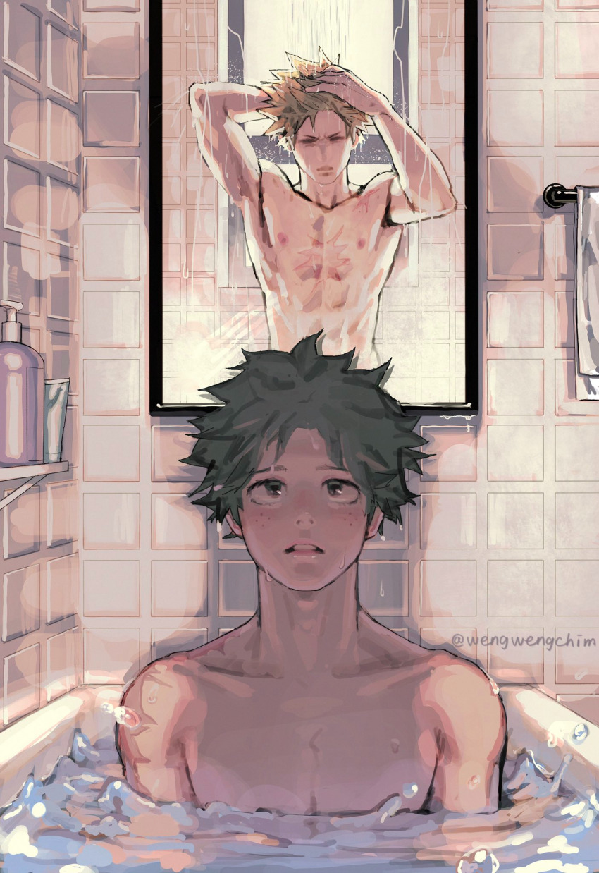 2boys abs bakudeku bakugou_katsuki bath bathing bathtub blonde_hair boku_no_hero_academia bones_(company) bubble completely_nude curly_hair freckles green_eyes green_hair indoors looking_at_another looking_up messy_hair midoriya_izuku mirror multiple_boys nude pectorals scar scar_on_arm scar_on_chest shampoo_bottle shounen_jump sitting spiked_hair standing towel water wengwengchim wet yaoi