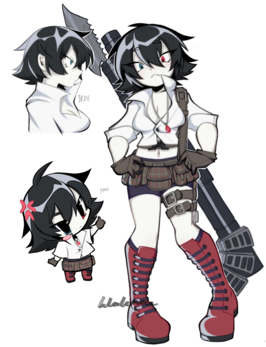 1girl anger_vein bike_shorts black_hair boots brown_gloves chibi devil_may_cry devil_may_cry_(series) devil_may_cry_3 gloves green_eyes hands_on_own_hips heterochromia highres kalina_ann_(weapon) lady_(devil_may_cry) lelalenaa midriff multiple_views red_eyes rocket_launcher shirt signature simple_background thigh_strap weapon white_background white_shirt