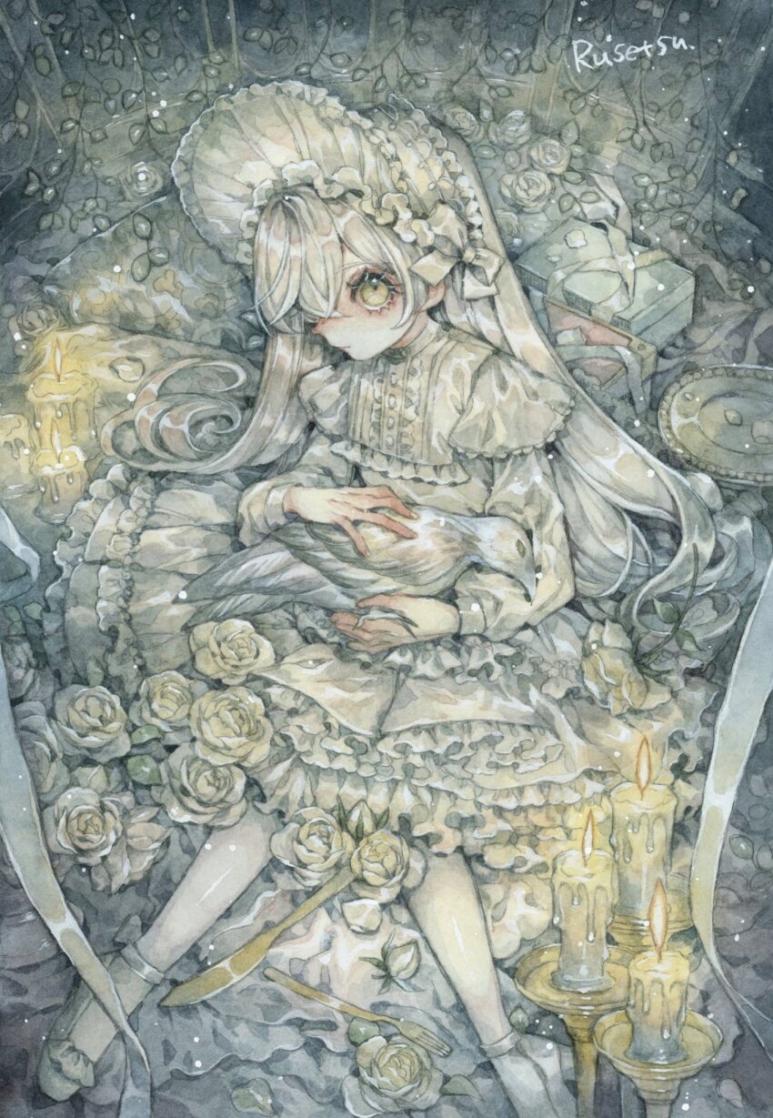 1girl bird bonnet candle commentary crow dress expressionless flower highres lolita_fashion long_hair looking_at_viewer original painting_(medium) pantyhose rose rusetsuksr sitting solo traditional_media watercolor_(medium) white_dress white_flower white_hair white_pantyhose white_rose yellow_eyes