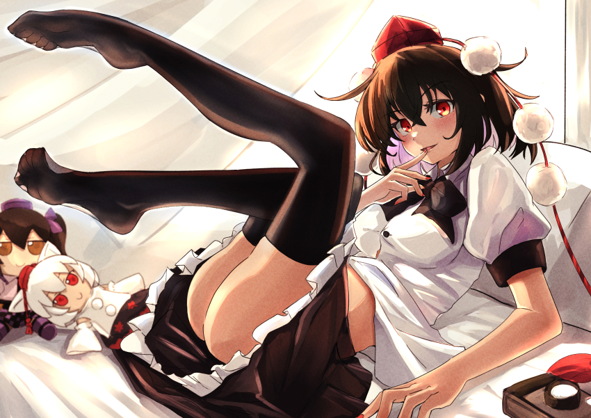 1girl absurdres ass bed black_hair black_necktie black_ribbon black_skirt black_thighhighs breasts brown_eyes camera checkered_clothes checkered_skirt collared_shirt curtains day detached_sleeves feet fingernails frilled_skirt frills fumo_(doll) hair_between_eyes hand_to_own_mouth hat highres himekaidou_hatate indoors inubashiri_momiji knees_up legs_up lying medium_breasts midriff necktie nose on_back on_bed open_mouth pillow pom_pom_(clothes) red_eyes red_nails ribbon shameimaru_aya shirt short_hair short_sleeves skirt smile solo thighhighs thighs toes tokin_hat touhou white_curtains white_hair white_shirt yuuka_(a0240765)