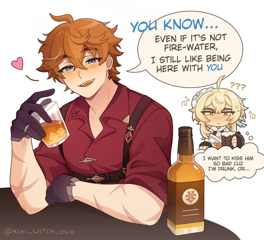 1boy 1girl ahoge alcohol blonde_hair blue_eyes blush commentary dress english_text genshin_impact hashtag-only_commentary hetero highres kiki_witch lumine_(genshin_impact) medium_hair open_mouth orange_hair red_shirt shirt short_hair speech_bubble symbol-only_commentary tartaglia_(genshin_impact) thought_bubble white_dress yellow_eyes