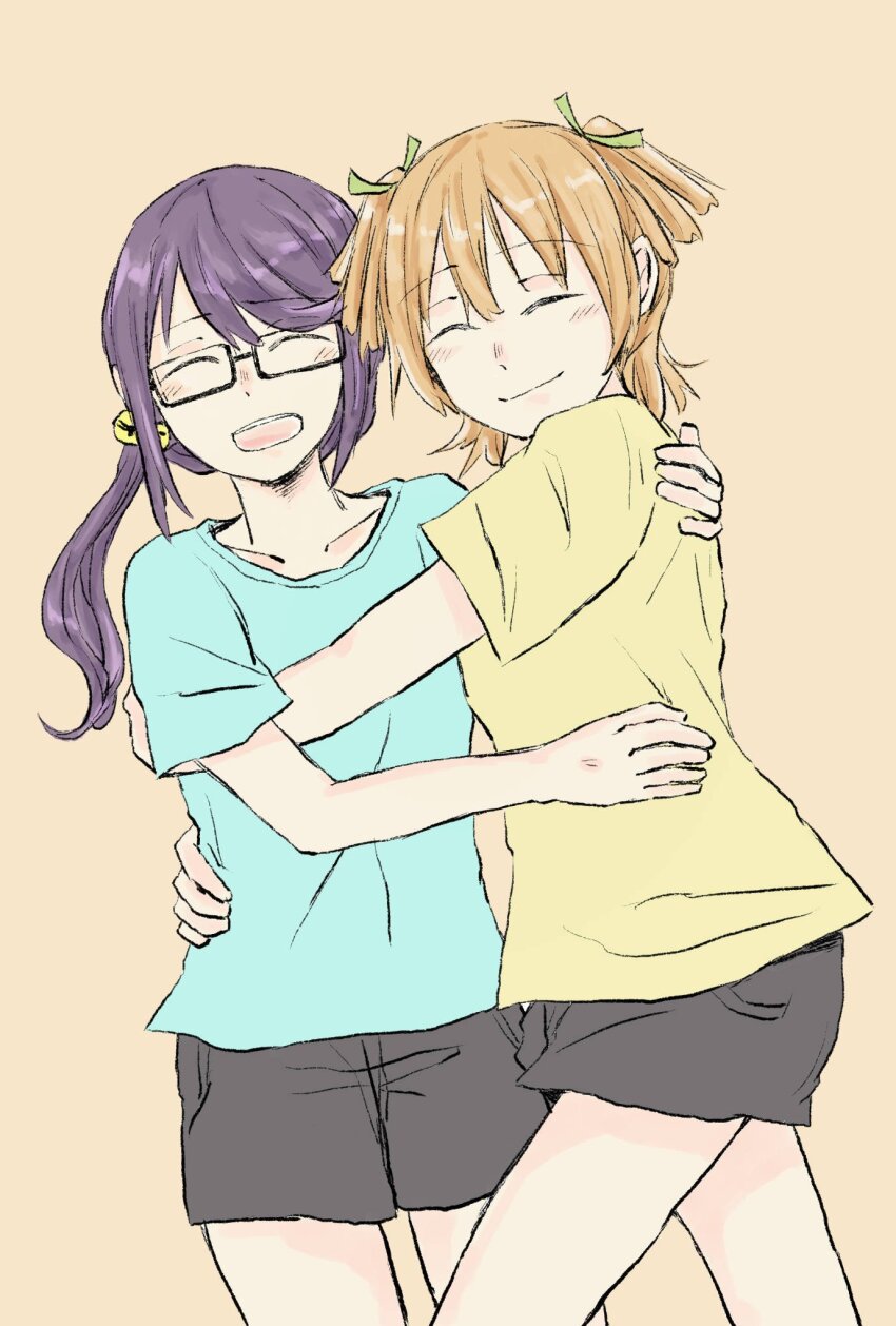2girls ^_^ aqua_shirt bell black-framed_eyewear blonde_hair casual closed_eyes closed_mouth collarbone commentary_request cowboy_shot daiba_nana facing_viewer glasses green_ribbon grey_shorts hair_bell hair_ornament hair_ribbon hand_on_another&#039;s_hip hand_on_another&#039;s_shoulder highres hitotose007 hoshimi_junna hug jingle_bell light_blush multiple_girls open_mouth purple_hair rectangular_eyewear ribbon shirt short_shorts short_sleeves shorts shoujo_kageki_revue_starlight side_ponytail simple_background sketch smile swept_bangs t-shirt tan_background two_side_up wispy_bangs yellow_shirt