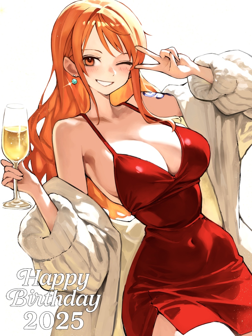 1girl absurdres arm_tattoo arm_up blush breasts brown_eyes cleavage coat covered_navel cup dress drinking_glass earrings grin happy_birthday highres holding holding_cup jewelry kasumi_6 large_breasts long_hair nami_(one_piece) off_shoulder one_eye_closed one_piece orange_hair red_dress simple_background smile solo tattoo v very_long_hair white_background white_coat