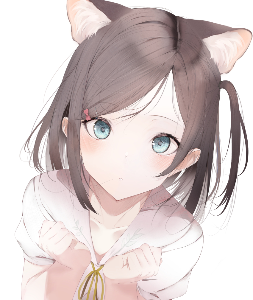 1girl absurdres animal_ear_fluff animal_ears blue_eyes blush brown_hair cat_ears collarbone commentary_request expressionless extra_ears hands_up heart heart-shaped_pupils hentai_ouji_to_warawanai_neko. highres hito_komoru_(style) kisaragi_yaya long_hair looking_at_viewer one_side_up parted_bangs parted_lips puffy_short_sleeves puffy_sleeves shirt short_sleeves simple_background solo symbol-shaped_pupils tsutsukakushi_tsukiko white_background white_shirt