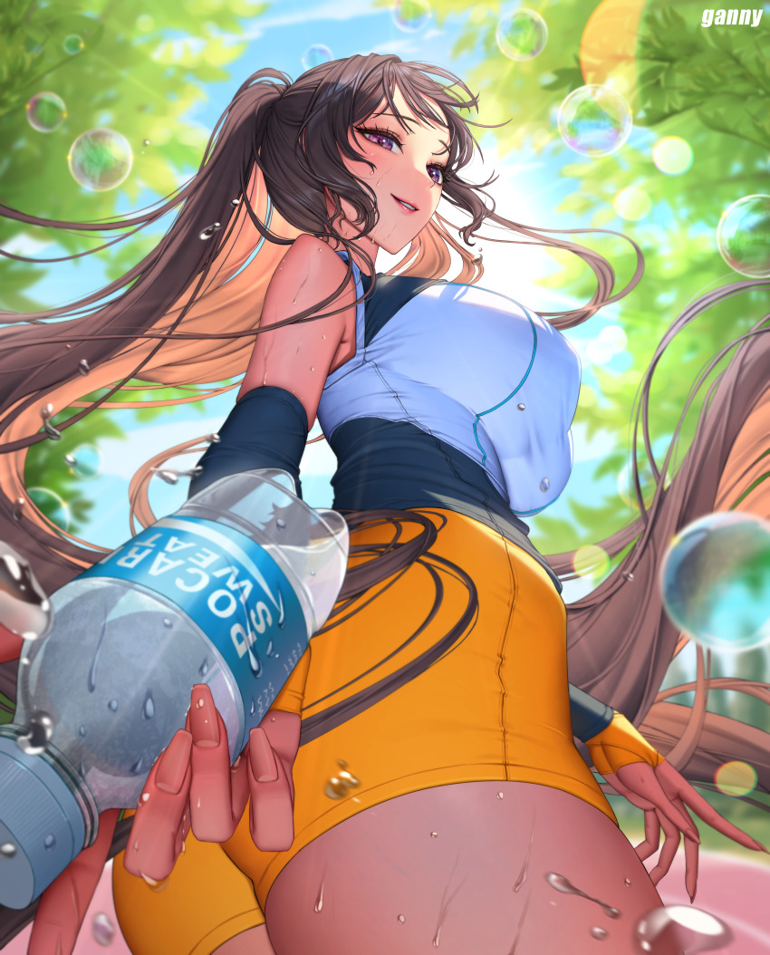 1girl absurdres ass black_gloves bottle brand_name_imitation breasts brown_hair bubble elbow_gloves from_below gloves gnxxe1 highres holding holding_bottle looking_down orange_gloves orange_shorts original pocari_sweat ponytail product_placement purple_eyes shorts two-tone_gloves water_bottle