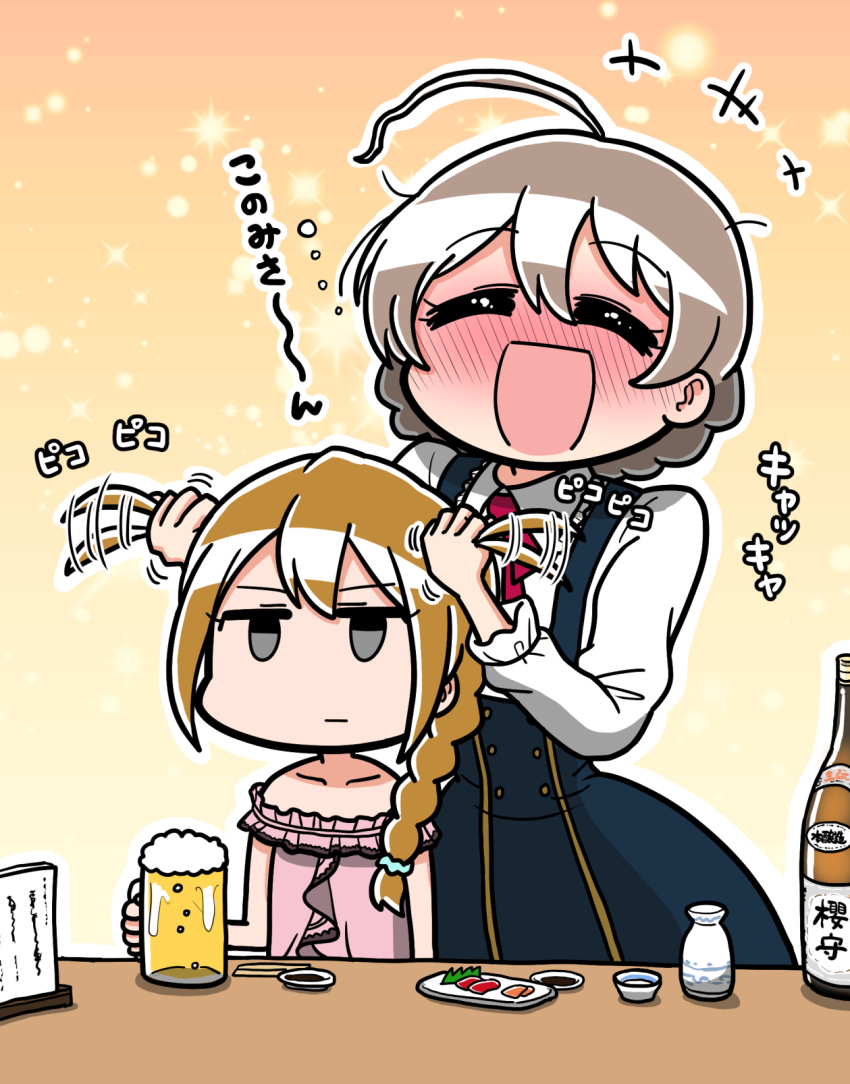2girls ahoge alcohol baba_konomi beer beer_mug bottle braid brown_hair closed_eyes commentary_request cup dress drunk fish_(food) food highres idolmaster idolmaster_million_live! idolmaster_million_live!_theater_days izakaya light_brown_hair long_hair mamezara mug multiple_girls plate sakazuki sake_bottle sakuramori_kaori sashimi short_hair single_braid translation_request tsunamayo