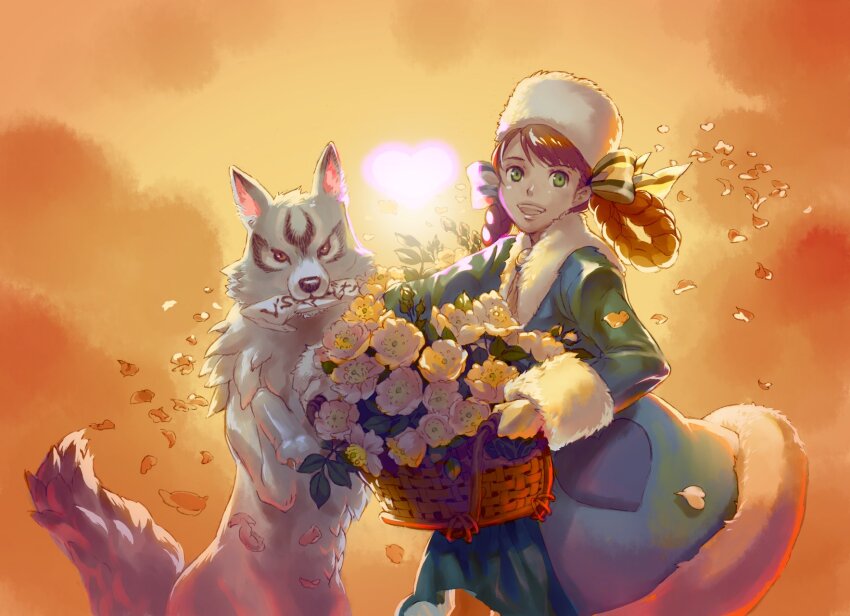 1girl anastasia_(shadow_hearts) basket braid brown_hair dress flower fur_hat fur_trim green_eyes happy_valentine hat heart highres katou_miyako looking_at_viewer open_mouth shadow_hearts shadow_hearts_ii short_hair smile twin_braids wolf