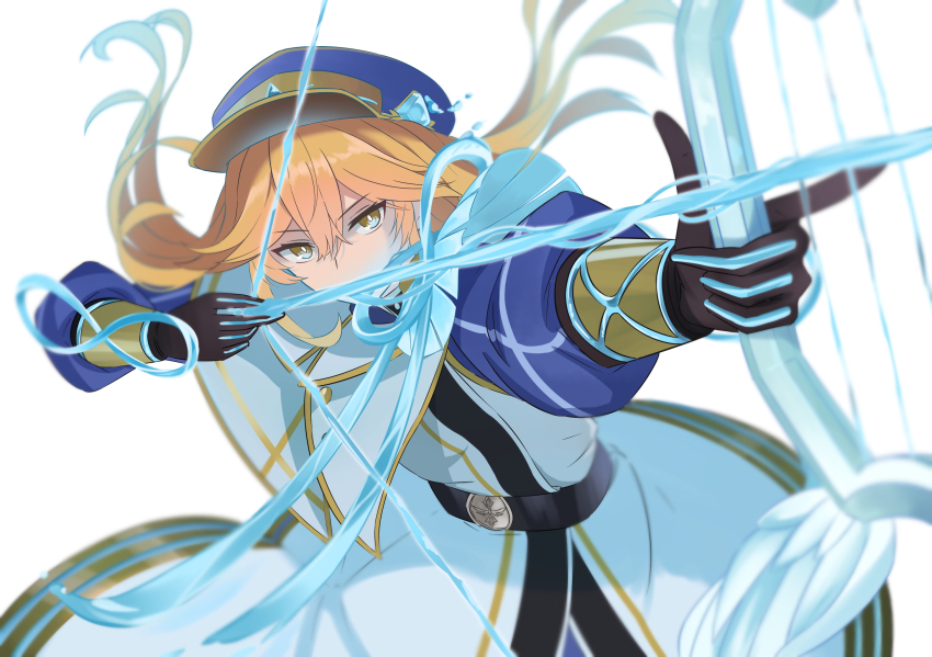 1girl black_gloves blonde_hair bow_(weapon) dress duel_monster exosister_asophiel exosister_sophia firing gloves hat heichi highres holding holding_bow_(weapon) holding_weapon long_hair long_sleeves multicolored_eyes simple_background solo two-tone_eyes water weapon white_background white_dress yu-gi-oh!