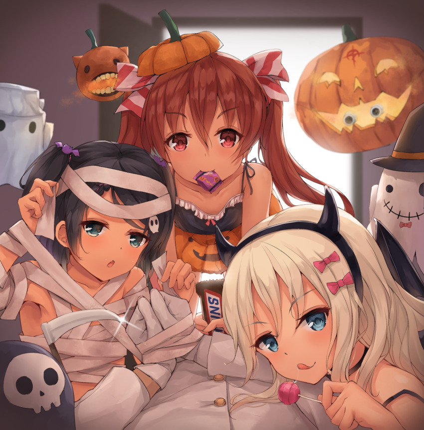 3girls admiral_(kancolle) alternate_costume aqua_eyes bandaged_arm bandages black_hair black_hairband blonde_hair blue_eyes blush bow breasts brown_eyes brown_hair candy chupa_chups closed_mouth collarbone dress fake_horns food ghost gloves grecale_(halloween)_(kancolle) grecale_(kancolle) green_eyes hair_between_eyes hair_bow hair_ornament hair_ribbon hairband halloween halloween_costume happy_halloween hat highres holding holding_candy holding_food holding_lollipop horns jack-o&#039;-lantern k_jie kantai_collection libeccio_(halloween)_(kancolle) libeccio_(kancolle) lollipop long_hair looking_at_viewer lying military military_uniform mouth_hold multiple_girls mummy mummy_costume naked_bandage naval_uniform official_alternate_costume on_stomach open_mouth orange_shorts pink_bow pumpkin pumpkin_hat red_eyes ribbon sarashi scirocco_(halloween)_(kancolle) scirocco_(kancolle) scythe short_hair shorts skull_hair_ornament smile swirl_lollipop tan tanline tongue tongue_out trick_or_treat twintails two_side_up witch_hat wrapped_candy