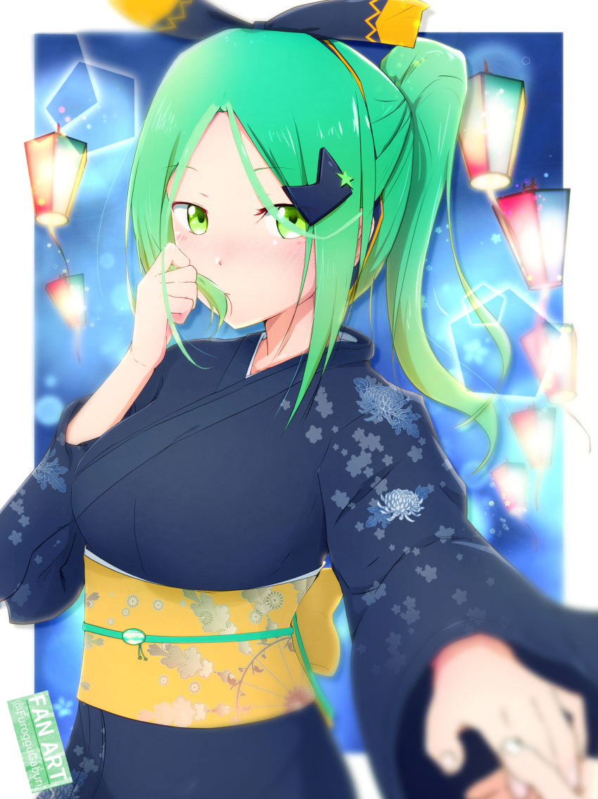 1girl 22/7 absurdres artist_name black_kimono blurry border bow bow_hairband cowboy_shot depth_of_field floral_print floral_print_kimono furoggu-gaburi green_eyes green_hair hair_bow hair_ornament hairband hairclip high_ponytail highres holding holding_hands holding_own_hair japanese_clothes kimono kiryu_touko lens_flare looking_at_viewer outside_border parted_bangs ponytail pov pov_hands print_kimono sash shy summer_festival two-tone_bow two-tone_hairband white_border yellow_sash yukata