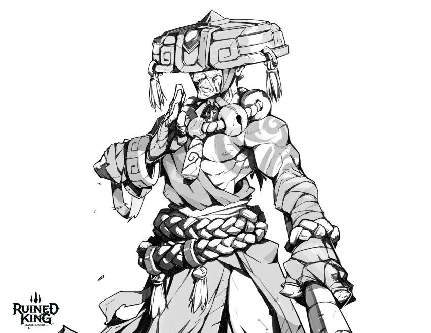 1boy bandages belt character_request copyright_request covered_eyes cowboy_shot grey_background greyscale hand_up hat hicham_habchi highres holding league_of_legends monochrome muscular muscular_male official_art old old_man ruined_king:_a_league_of_legends_story simple_background single_bare_shoulder solo white_background wrinkled_skin