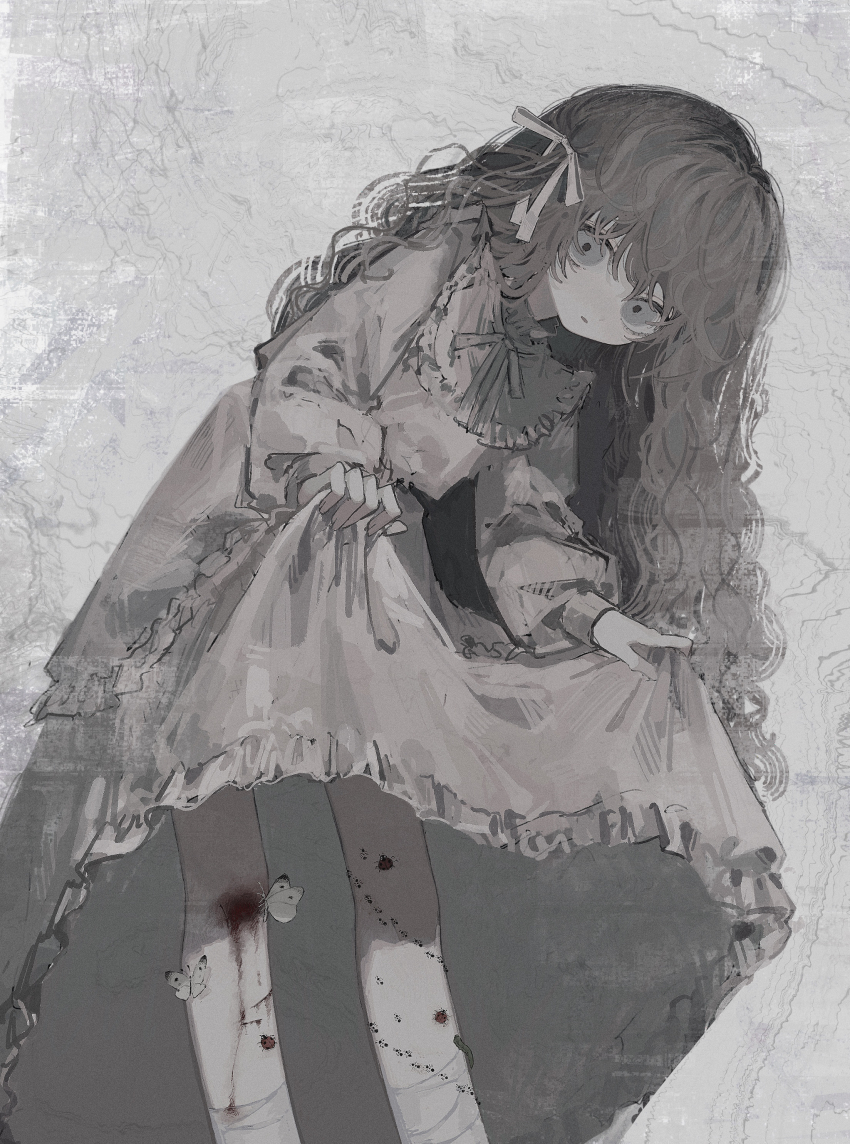 1girl absurdres ant blood blood_on_leg bug butterfly commentary cuts dress hair_ribbon highres injury insect long_hair long_sleeves looking_at_viewer original ribbon skirt_hold solo standing ume_(ume_x0x)