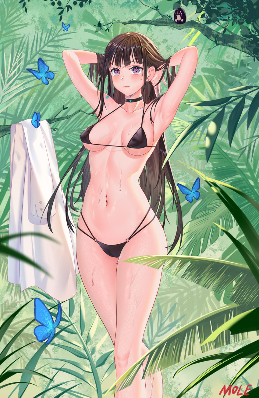 1girl adjusting_hair arm_tattoo armpits arms_behind_head arms_up artist_name asrkty bikini black_bikini black_choker black_hair blue_butterfly blunt_bangs blurry blush breasts breasts_apart bug butterfly choker collarbone commentary commentary_request day depth_of_field english_commentary engrish_commentary feet_out_of_frame forest hair_lift hand_in_own_hair hands_in_own_hair highres insect long_hair looking_at_viewer medium_breasts micro_bikini mixed-language_commentary mole_(animal) nature navel original outdoors palm_leaf partial_commentary pubic_hair purple_eyes smile solo standing straight_hair sweat swimsuit tattoo thighs tree very_long_hair wide_hips