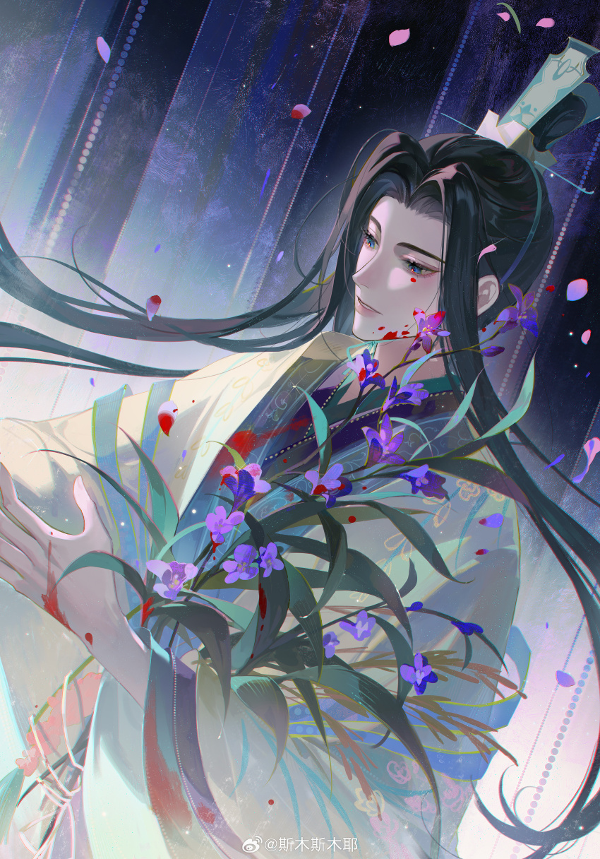 1boy absurdres artist_name black_hair blood blood_on_clothes blood_on_face blood_on_flower blood_on_hands blue_eyes bouquet chinese_clothes chinese_hat code:_kite falling_petals flower green_hat hanfu hat highres holding holding_bouquet holding_flower leaf lips long_hair looking_afar male_focus parted_bangs parted_lips petals pink_petals purple_flower purple_petals red_pupils smusmuye solo solo_focus very_long_hair watermark weibo_watermark xun_yu_(code:_kite)