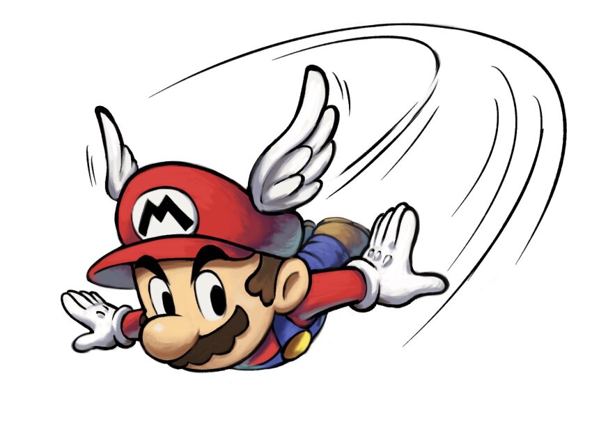1boy blue_overalls boots brown_boots brown_hair facial_hair gloves hat highres mari_luijiroh mario mario_&amp;_luigi_rpg mario_(series) masanori_sato_(style) mustache nintendo overalls red_hat red_shirt shirt short_hair simple_background solo super_mario_64 white_background white_gloves wing_cap wing_mario