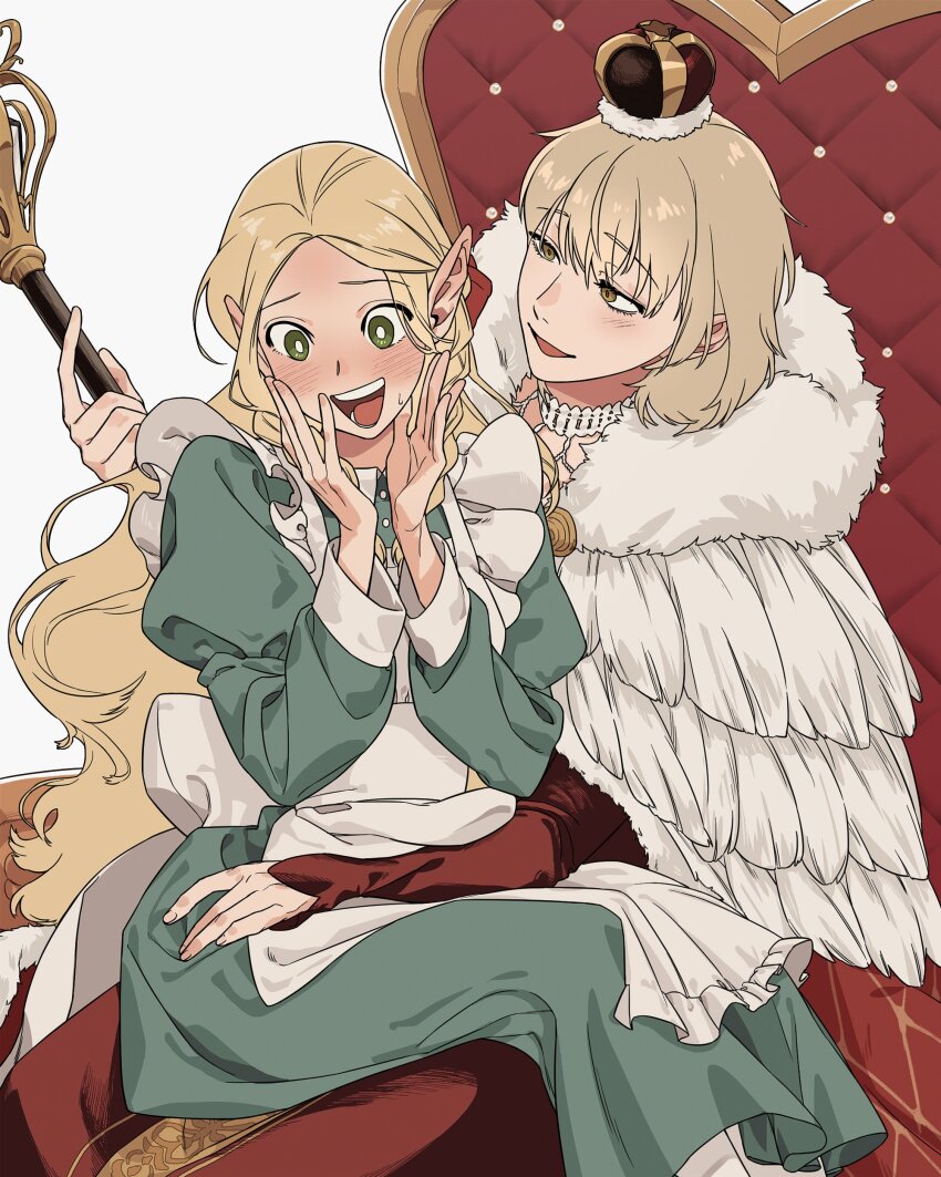 2girls absurdres apron blonde_hair blush brown_eyes choker cloak commentary crown dungeon_meshi elf english_commentary falin_touden falin_touden_(tallman) feathered_cloak frilled_apron frills fur-trimmed_cloak fur_trim green_eyes hand_on_another&#039;s_lap hands_on_own_face highres holding holding_scepter long_hair maid maid_apron marcille_donato mini_crown multiple_girls pointy_ears scepter sitting sitting_on_lap sitting_on_person sitting_on_throne smile ttal_ttal very_long_hair yuri