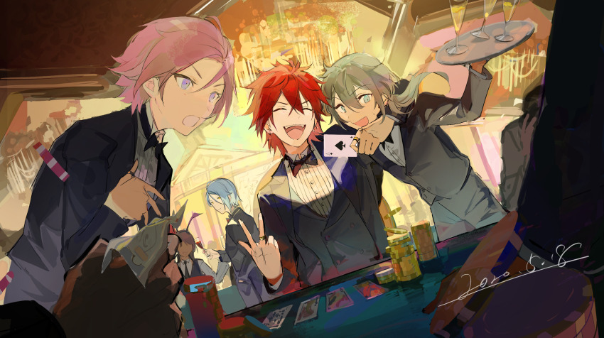 2020 4boys amagi_rinne black_bow black_bowtie blue_eyes blue_hair bow bowtie card casino closed_eyes crazy_b_(ensemble_stars!) dated ensemble_stars! ezu_(e104mjd) formal_clothes gambling grey_hair highres himeru_(ensemble_stars!) light_blue_hair long_hair male_focus multiple_boys open_mouth oukawa_kohaku pink_hair playing_card purple_eyes red_hair shiina_niki short_hair smile suit teeth