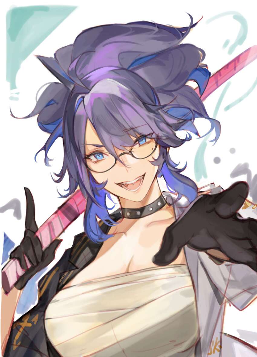 1girl absurdres black-framed_eyewear black_choker black_coat black_gloves black_hair blue_eyes blue_hair breasts chest_sarashi choker cleavage coat collar collarbone commentary delinquent glasses gloves hair_between_eyes high_ponytail highres holding holding_sword holding_weapon kson large_breasts looking_at_viewer lucadark_art medium_hair mole mole_under_eye multicolored_coat multicolored_hair no_shirt open_mouth outstretched_hand piercing ponytail purple_hair sarashi smile solo souchou streaked_hair sukeban sword teeth tongue tongue_piercing two-tone_coat upper_body virtual_youtuber vshojo weapon white_coat