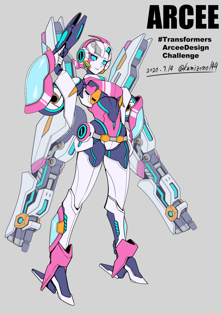 1girl absurdres arcee artist_name autobot bad_id bad_twitter_id blue_eyes character_name commentary dated english_commentary grey_background gun highres holding holding_gun holding_weapon kamizono_(spookyhouse) looking_at_viewer looking_down redesign standing transformers weapon