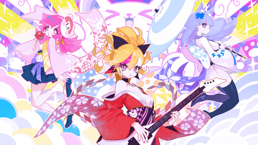 3girls abstract_background absurdres animal_ear_fluff animal_ears animal_print bear_hair_ornament black_bow black_choker black_footwear blonde_hair blue_bow blue_hair blue_skirt blush boots bow breasts bright_pupils buro_(muse_dash) candy candy_apple cat cat_ears choker cleavage cloud cowboy_shot earrings electric_guitar floating_hair floral_print flower food from_side full_body furisode guitar hair_between_eyes hair_bow hair_ornament high_ponytail highres holding holding_candy holding_food holding_instrument holding_umbrella instrument japanese_clothes jewelry kimono liba_(leo8d) long_hair long_sleeves looking_at_viewer marija_(muse_dash) medium_breasts miniskirt multicolored_hair multiple_girls muse_dash music obi off_shoulder official_art open_mouth outline pink_eyes pink_hair pink_kimono playing_instrument pleated_skirt ponytail print_kimono purple_bow rabbit_print red_kimono red_nails rin_(muse_dash) sandals sash second-party_source short_kimono skirt socks star-shaped_pupils star_(symbol) star_print streaked_hair symbol-shaped_pupils thigh_boots umbrella white_flower white_kimono white_pupils white_socks