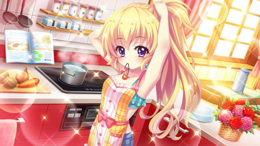 1girl adjusting_hair alternate_hairstyle apron aqua_bikini armpits arms_up bikini blonde_hair book breasts carrot cleavage cookbook cooking_pot counter curtains cutting_board dot_nose dutch_angle film_grain flower frilled_bikini frills game_cg hair_tie_in_mouth hand_towel hasegawa_mii high_ponytail indoors izumi_tsubasu kitchen ladle lens_flare long_hair looking_at_viewer mouth_hold non-web_source official_art onion open_book orange_apron pitcher_(container) plate plate_stack ponytail purple_eyes purple_flower purple_rose re:stage! red_flower red_rose rose small_breasts solo sparkle sparkling_eyes spice steam stove swimsuit tile_wall tiles wicker_basket window