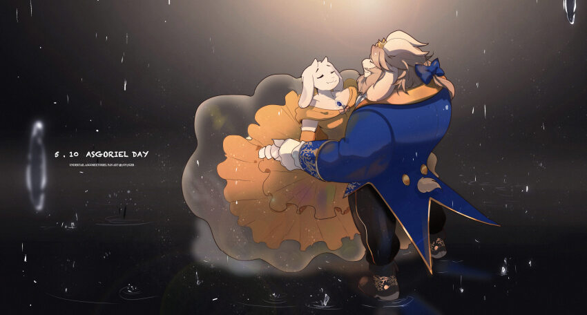1boy 1girl 7oy7iger absurdres artist_name asgore_dreemurr beard beast_(disney) beast_(disney)_(cosplay) beauty_and_the_beast belle_(disney) belle_(disney)_(cosplay) black_pants blonde_hair blue_coat blue_ribbon closed_eyes closed_mouth coat commentary_request cosplay dancing dated derivative_work dress english_text facial_hair facing_another fang fangs floppy_ears furry furry_female furry_male goat_horns gown hair_ribbon hashtag-only_commentary highres holding_hands horns pants ribbon skin_fangs toriel underwear white_fur yellow_dress