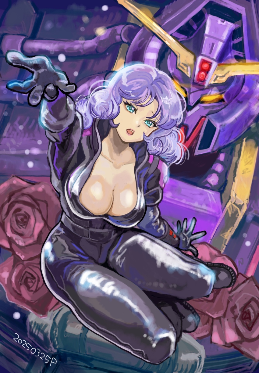 1girl 2025 aqua_eyes arm_up armor black_bodysuit bodysuit breasts cleavage commentary dated flower full_body furrowed_brow gundam highres large_breasts long_hair looking_at_viewer low_neckline mecha mecha_pilot_suit mobile_suit okrdisk2000 open_mouth outstretched_hand psycho_gundam_mk_ii purple_armor purple_hair reaching reaching_towards_viewer revision robot rosamia_badam rose science_fiction titans_(gundam) v-fin zero_gravity zeta_gundam