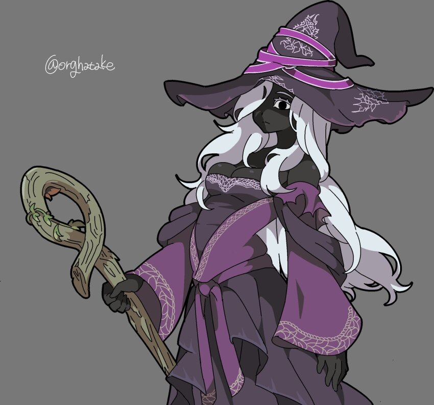 1girl black_eyes black_skin breasts colored_skin cowboy_shot dress elden_ring elden_ring_nightreign grey_dress hair_over_one_eye hat highres holding holding_staff kekeken looking_at_viewer medium_breasts off-shoulder_dress off_shoulder purple_dress purple_hat recluse_(elden_ring) simple_background solo staff wide_sleeves witch witch_hat