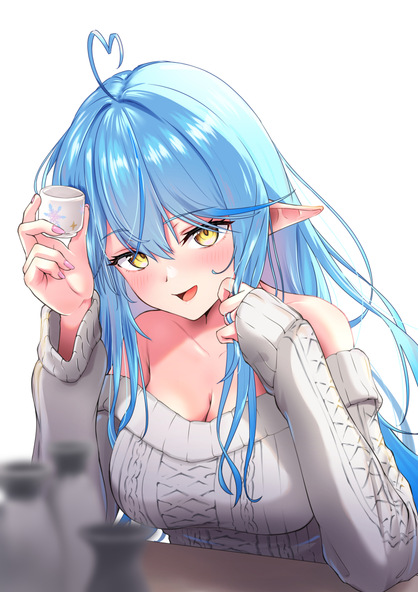 1girl absurdres ahoge blue_hair blurry blurry_foreground blush breasts choko_(cup) cleavage cup elf heart heart_ahoge highres hololive jewelry large_breasts long_hair multicolored_hair off-shoulder_sweater off_shoulder official_alternate_costume pink_nails pointy_ears ring simple_background streaked_hair sweater tatataecho tokkuri virtual_youtuber white_background yellow_eyes yukihana_lamy yukihana_lamy_(loungewear)