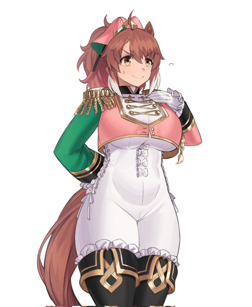 1girl alternate_hair_length alternate_hairstyle animal_ears arm_behind_back black_thighhighs bodysuit borrowed_hairstyle bow brown_hair center_frills commentary cosplay cowboy_shot crop_top crop_top_overhang cropped_jacket dantsu_flame_(umamusume) durandal_(umamusume) durandal_(umamusume)_(cosplay) ear_covers epaulettes flying_sweatdrops frilled_bodysuit frilled_sleeves frills fukuro_(maruaru00) gloves gold_trim green_jacket hair_between_eyes highres horse_ears horse_girl horse_tail jacket long_hair multicolored_hair multicolored_jacket pink_bow pink_jacket ponytail pose_imitation simple_background single_ear_cover solo sweatdrop tail thighhighs two-tone_hair umamusume v-shaped_eyebrows white_background white_bodysuit white_gloves white_hair yellow_eyes