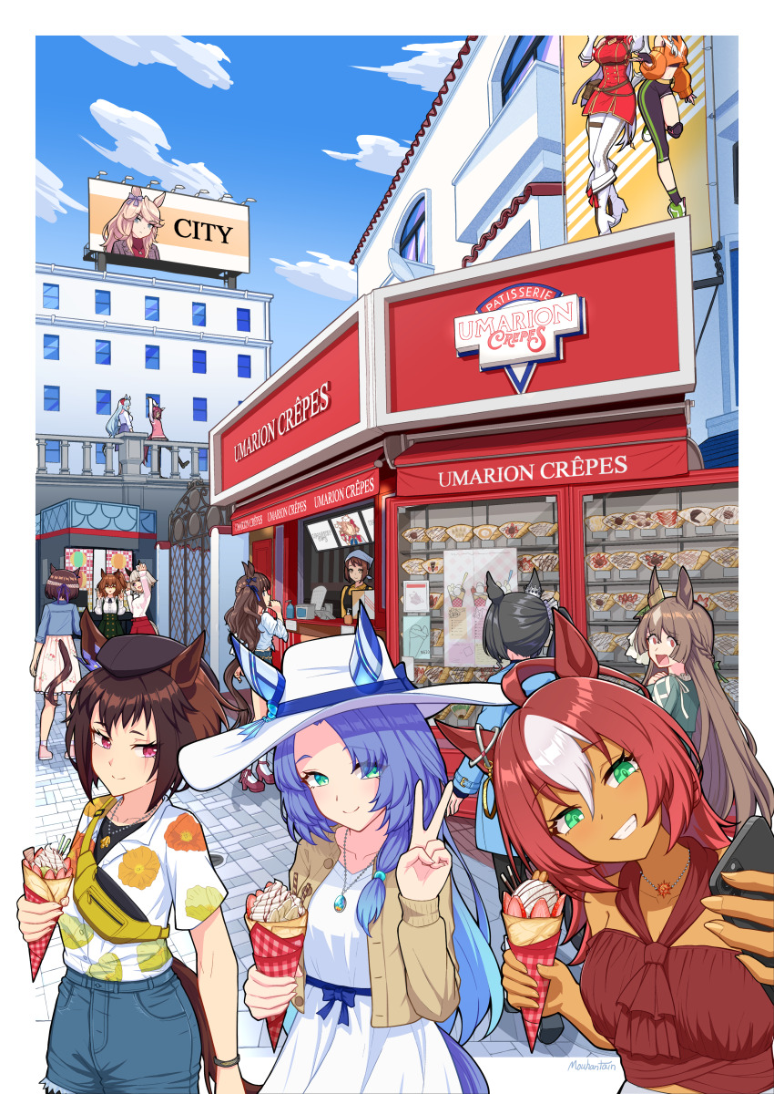6+girls absurdres ahoge alternate_costume animal_ears aston_machan_(umamusume) bare_shoulders billboard black_hair black_hat blue_hair blue_jacket blue_shorts breasts brown_hair brown_jacket building byerley_turk_(umamusume) cellphone closed_mouth clothing_cutout cloud crepe curren_chan_(umamusume) dark-skinned_female dark_skin darley_arabian_(umamusume) day dress ears_through_headwear fanny_pack food godolphin_barb_(umamusume) gold_city_(umamusume) gold_ship_(umamusume) green_dress green_eyes grin hand_up hat head_tilt headscarf high_heels highres holding holding_crepe holding_food holding_phone horse_ears horse_girl horse_tail jacket jewelry long_hair long_sleeves looking_at_another looking_at_viewer mejiro_ardan_(umamusume) mouhantain multiple_girls necklace open_mouth outdoors phone pink_skirt red_eyes red_shirt sakura_chiyono_o_(umamusume) satono_crown_(umamusume) satono_diamond_(umamusume) scar scar_across_eye scar_on_face selfie shirt shirt_tucked_in shoes shop short_hair short_sleeves shorts signature skirt small_breasts smile sonon_elfie_(umamusume) special_week_(umamusume) tail tail_through_clothes tosen_jordan_(umamusume) umamusume venus_paques_(umamusume) very_long_hair walking white_dress white_hat white_shirt