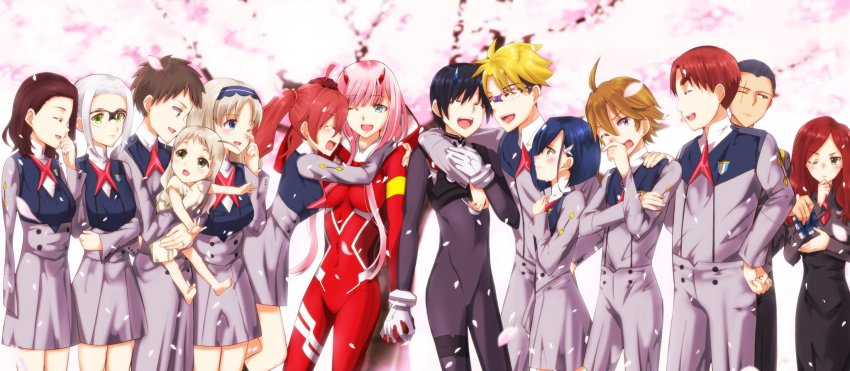 10s 6+boys 6+girls ahoge ai_(darling_in_the_franxx) arm_around_neck black_bodysuit black_hair black_pants blonde_hair blue_eyes blue_horns bodysuit breasts brown_hair cherry_blossoms child closed_eyes commentary_request couple crossed_arms crying darling_in_the_franxx dress finger_in_eye finger_on_nose flower futoshi_(darling_in_the_franxx) glasses gloves gorou_(darling_in_the_franxx) green_eyes grey_dress grey_shirt grey_shorts hachi_(darling_in_the_franxx) hair_ornament hairband hairclip hand_on_another&#039;s_arm hand_on_another&#039;s_shoulder hand_on_own_arm hand_on_own_chest hand_on_own_chin hand_on_own_face hand_on_own_wrist hand_up hetero high_ponytail highres hiro_(darling_in_the_franxx) holding holding_hands holding_unworn_clothes holding_unworn_scarf horns hug ichigo_(darling_in_the_franxx) ikuno_(darling_in_the_franxx) interlocked_fingers kokoro_(darling_in_the_franxx) leg_up light_brown_hair long_hair long_sleeves looking_at_another mar0maru mecha_pilot_suit medium_breasts miku_(darling_in_the_franxx) military military_uniform mitsuru_(darling_in_the_franxx) multiple_boys multiple_girls nana_(darling_in_the_franxx) naomi_(darling_in_the_franxx) necktie one_eye_closed oni_horns pants petals pink_hair ponytail purple_eyes purple_hairband red_bodysuit red_gloves red_hair red_horns red_neckwear scar scar_across_eye scar_on_face scarf shirt short_hair shorts small_breasts tears thick_eyebrows thighs twintails unworn_scarf white_dress white_gloves white_hair yellow_eyes zero_two_(darling_in_the_franxx) zorome_(darling_in_the_franxx)