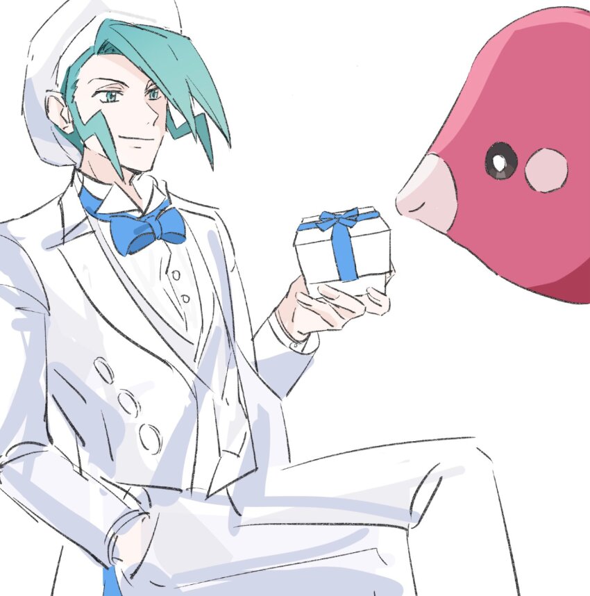 1boy 6l226 alternate_costume blue_bow blue_bowtie blue_ribbon bow bowtie box closed_mouth crossed_legs gen_3_pokemon gift gift_box green_eyes green_hair hand_in_pocket hat highres holding holding_gift jacket luvdisc male_focus nintendo pants pokemon pokemon_(creature) pokemon_rse ribbon shirt simple_background smile vest wallace_(pokemon) white_background white_hat white_jacket white_pants white_shirt